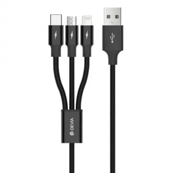 USB 3-in-1 nabíjací a dátový kábel Devia Kintone Series — Lightning, Micro-USB, USB-C, 1,2 m, čierna