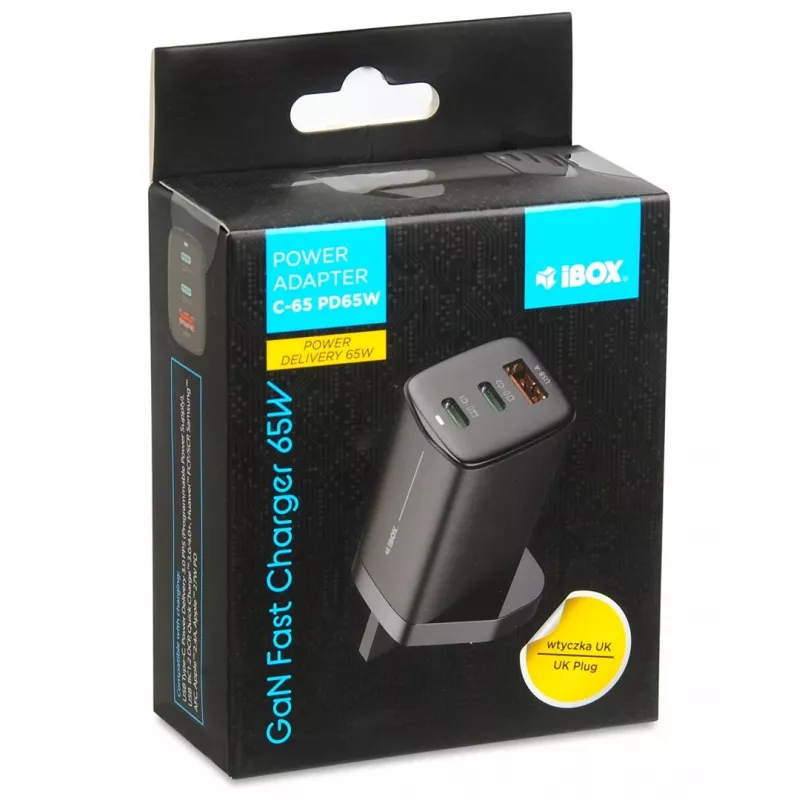 iBOX C-65 čierny, univerzálna GaN 65 W nabíjačka s UK konektorom