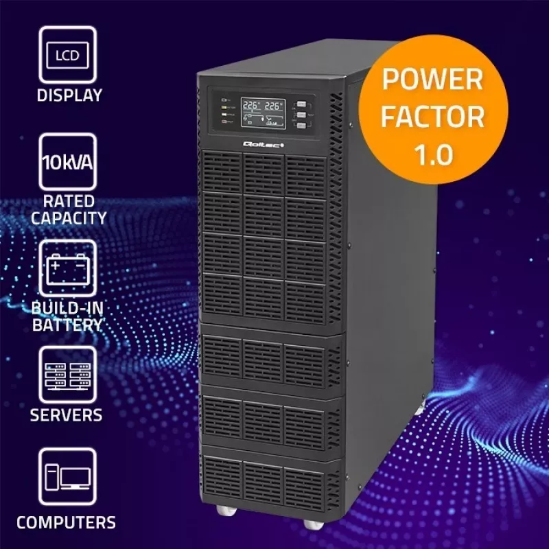 Qoltec 52284 UPS neprerušiteľný zdroj napájania | 10kVA | 10000W | účinník 1,0 | LCD | EPO | USB | online