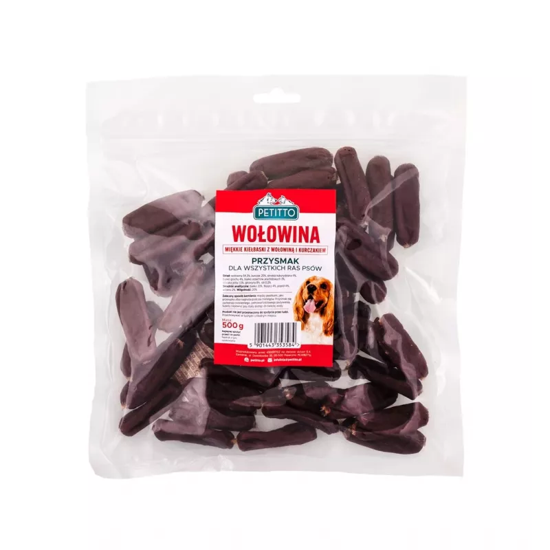 PETITTO Mäkké hovädzie klobásky maškrta pre psov, 500 g