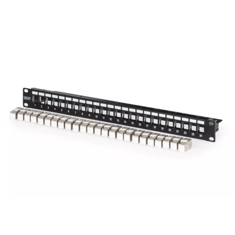 Modulárny patch panel, 24-port, osadený 24x DN-93615 (čierna, 1 HE, Rack Mount, tienený)
