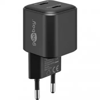 Nástenná nabíjačka GOOBAY 75333 — univerzálna AC-USB-C nabíjačka do interiéru, 2x USB-C, 35 W, čierna