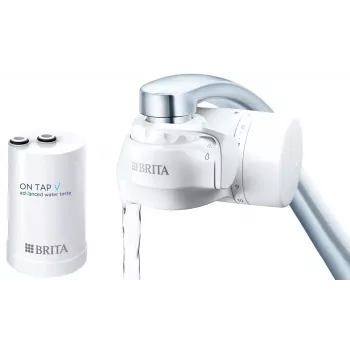 Filtračný systém na vodu k vodovodnému kohútiku BRITA ON TAP V CU CE2 (1052067) — 4-stupňový, kapacita 600 L, 3 režimy, 5 adaptérov, biela