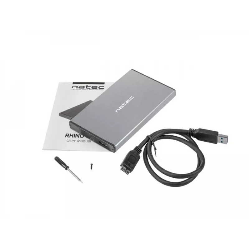 Externé HDD/SSD puzdro NATEC Rhino GO — 2,5 palca SATA, 9,5 mm, USB 3.0, hliník, sivé, až do 4 TB