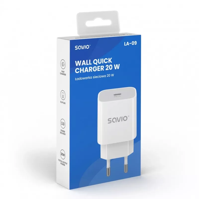 Nástenná nabíjačka 20W LA-09 USB-C QC, PD 3.0 Savio SAVLA-09