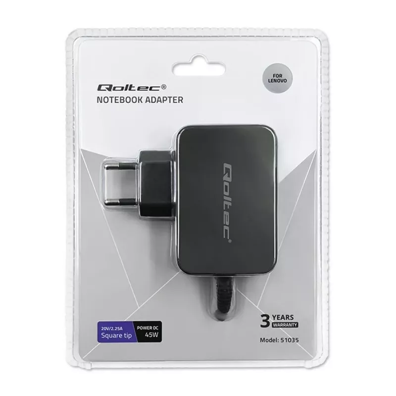 Qoltec 51035 napájací adaptér pre Lenovo 45 W, 20 V 2,25 A, Slim tip+pin, do interiéru, čierny