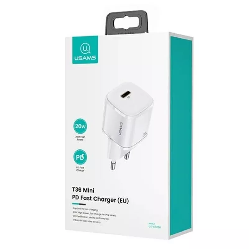 USAMS T36 Mini USB-C sieťová nabíjačka, 20 W, PD 3.0, s 1 m USB-C na Lightning káblom