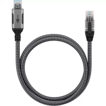 Ethernetový kábel USB-A 3.2 Gen1 konektor samec > RJ-45 konektor samec, LAN adaptér čierny/strieborný, 1,5 metra, pletený textilný plášť