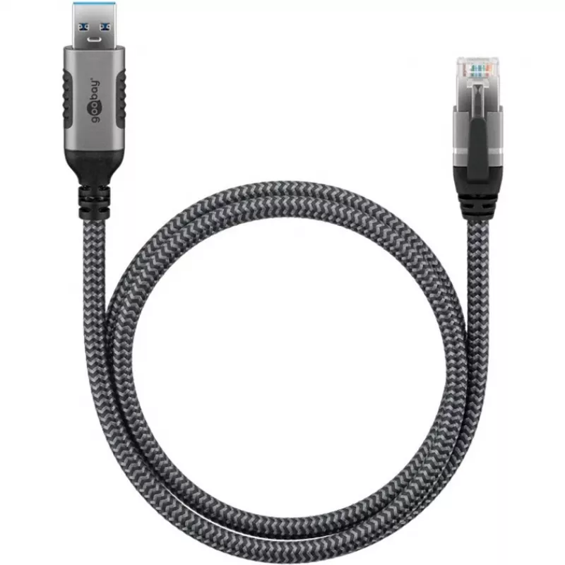 Ethernetový kábel USB-A 3.2 Gen1 konektor samec > RJ-45 konektor samec, LAN adaptér čierny/strieborný, 1,5 metra, pletený textilný plášť