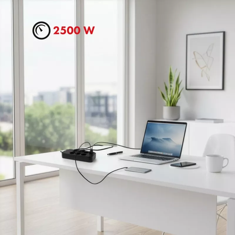 Predlžovacia zásuvková lišta MACLEAN MCE391 B – 6 zásuviek, 4×USB-A + 1×USB-C, 110–240V, 2500W, 3 m kábel, čierna