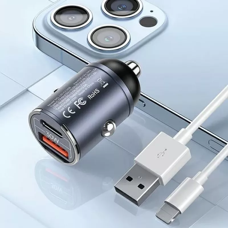 Auto nabíjačka usams C38 30W — 1x USB-A + 1x USB-C rýchle nabíjanie