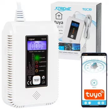 Detektor oxidu uhoľnatého a plynu BLOW TGC30 WiFi Tuya — LCD, 85 dB, káblový, na omietku, biela