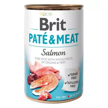 Mokré krmivo pre psy Brit Paté & Meat s lososom 400 g – kompletné konzervované jedlo pre dospelé psy, 75 % vlhkosti, 11 % bielkovín, 9 % tuku