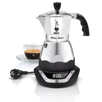 Elektrický moka kávovar BIALETTI 3 šálky Moka Timer, programovateľný LED displej, hliníkové puzdro, zásobník kanvice