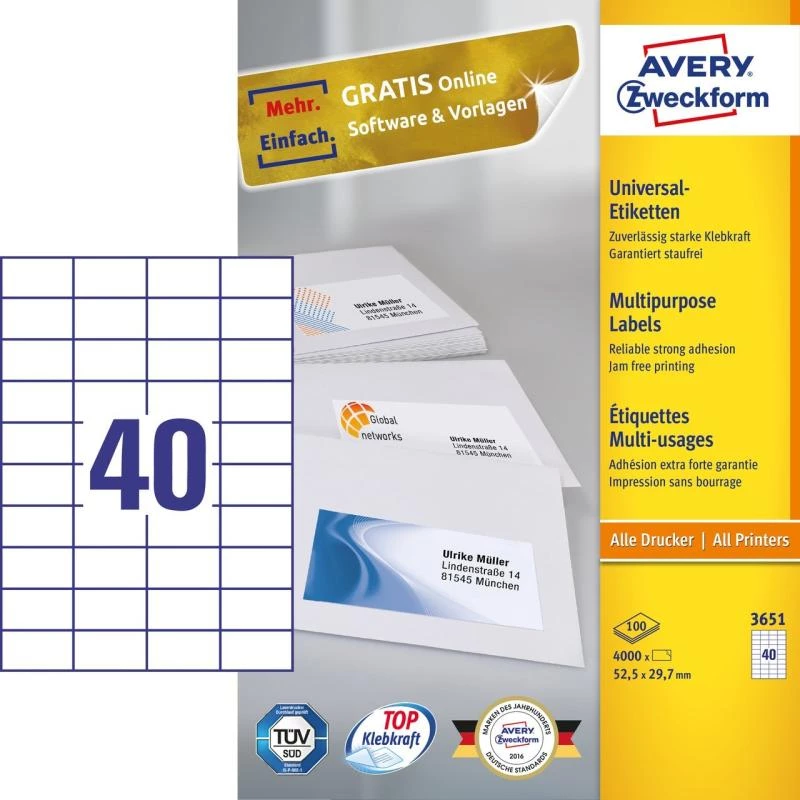 Avery Zweckform 3651 Univerzálne etikety 52,5 x 29,7 mm 100 listov biele