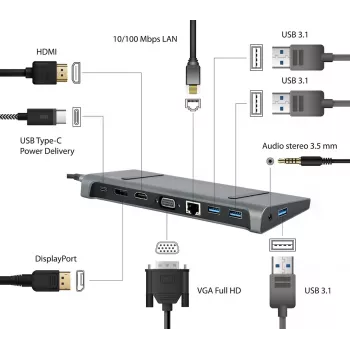 Laptop dok Gembird A-CM-COMBO9-02 USB 3.2 Gen 1 Type-C, HDMI, VGA, 3×USB-A, Gigabit Ethernet, 87W PD, sivá