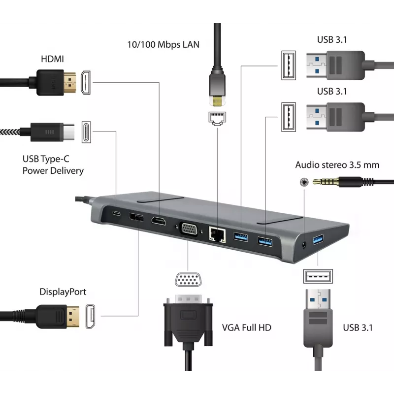 Laptop dok Gembird A-CM-COMBO9-02 USB 3.2 Gen 1 Type-C, HDMI, VGA, 3×USB-A, Gigabit Ethernet, 87W PD, sivá