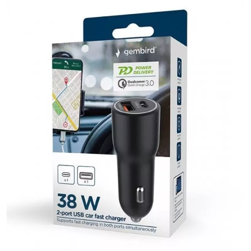 Auto nabíjačka pre mobilné zariadenia Gembird TA-UC-AC2PDQC38-CAR-01, USB-C, 38 W, 12–24 V, čierna