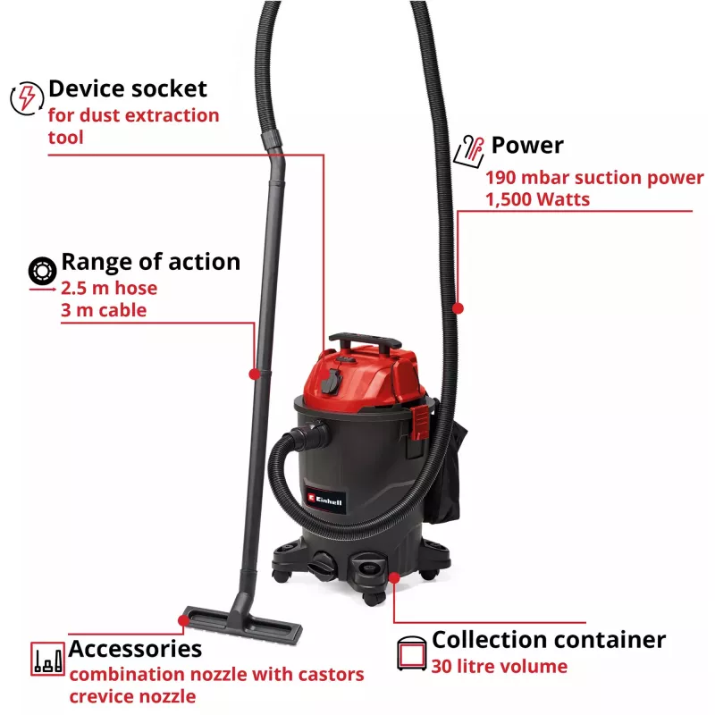 Einhell TC-VC 1930 A vysávač na mokré aj suché vysávanie, červený/čierny