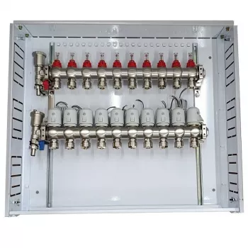 Rozdeľovač podlahového vykurovania, 10 okruhov, s NC AC230V termostatickými pohonomi a prietokomermi