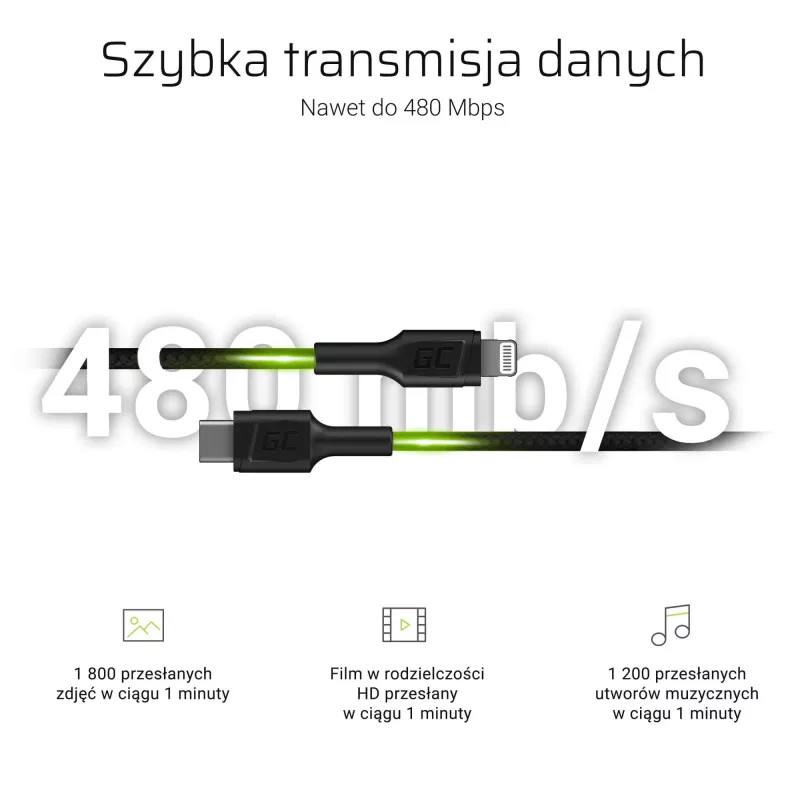 Green Cell PowerStream KABGC07 kábel USB-C na Lightning, 1 m, PD, Apple MFi, čierny