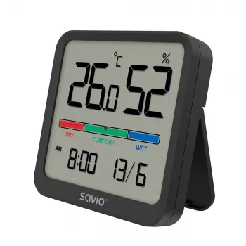 Senzor teploty a vlhkosti do interiéru SAVIO CT-01/B voľne stojaci, LCD, -10–55 °C, 10–99 % rH, CR2032