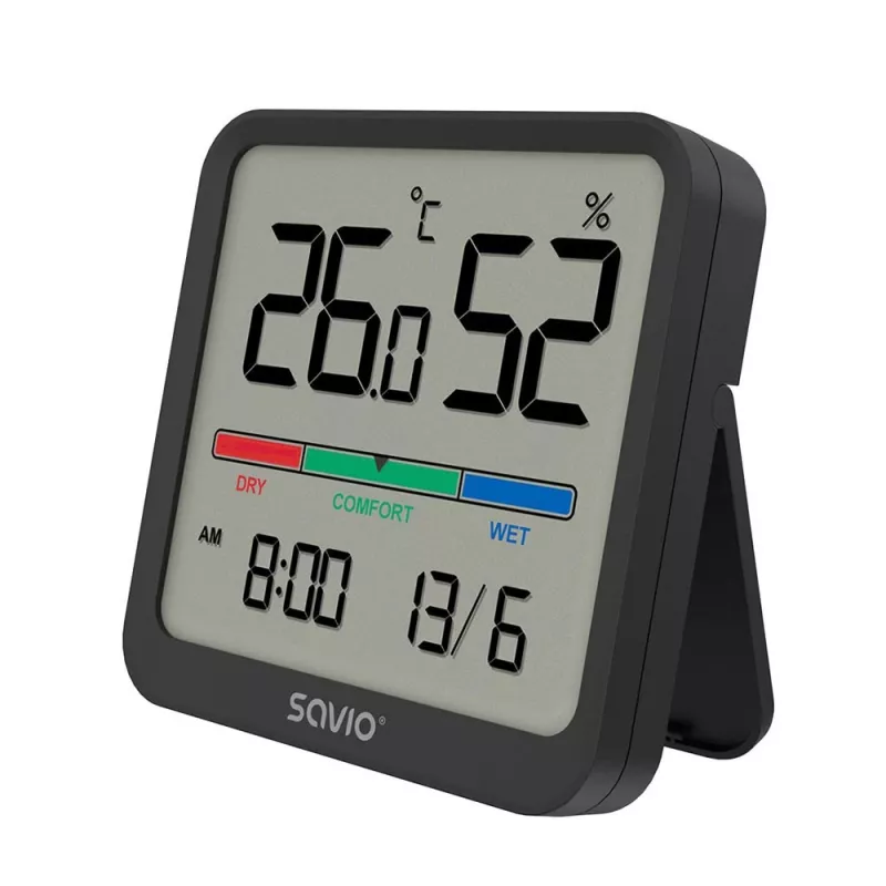 Savio CT-01/B bezdrôtový snímač teploty a vlhkosti do interiéru, LCD, hodiny, dátum, magnetický držiak, čierny