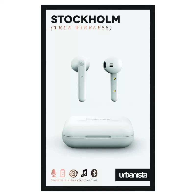 Headset URBANISTA Stockholm — bezdrôtový Bluetooth in-ear headset na hovory a hudbu, dosah 10 m, biela