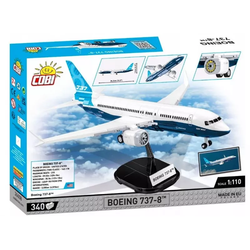 Stavebnica Cobi Boeing 737-8 — 340 dielov, odporúčaný vek 7+, modrá a biela