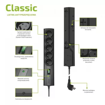Prepäťová zásuvková lišta EVER CLASSIC, 5x zásuvka Typ-E, 250 V, 1,5 m kábel, 175 J, s vypínačom
