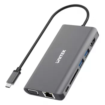 UNITEK uHUB O8+ káblový USB 3.2 Gen 1 Type-C hub, sivý, 100W Power Delivery
