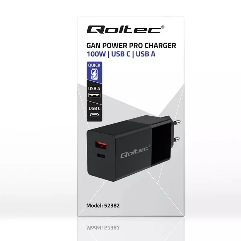 Qoltec 52382 GaN POWER PRO nabíjačka | 1xUSB Type C | 1xUSB A | 100W | 5-20V | 1.5-5A | PD | čierna