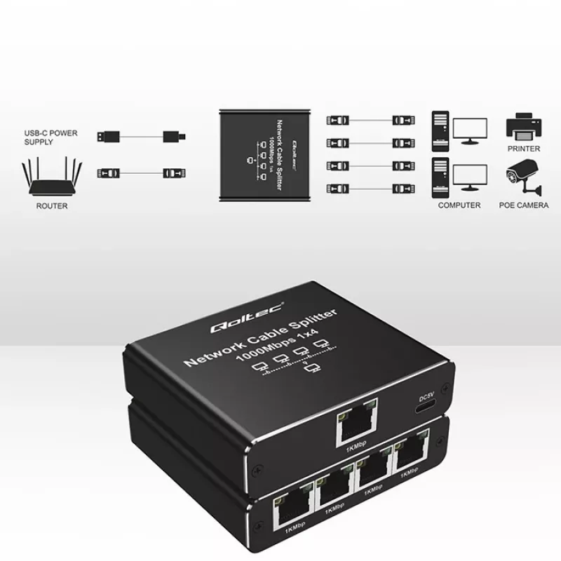 Ethernet mini switch QOLTEC 52293 1x4 RJ45, neřízený sieťový rozbočovač 1-in 4-out