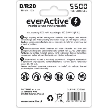 Nabíjacia batéria everActive EVHRL20-5500 D NiMH 1,2 V 5500 mAh, balenie 2 ks