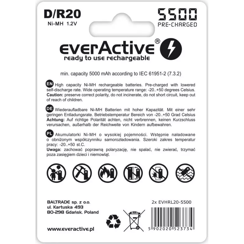 Nabíjacia batéria everActive EVHRL20-5500 D NiMH 1,2 V 5500 mAh, balenie 2 ks