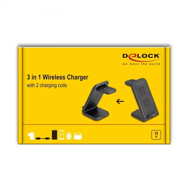 DELOCK 66941 bezdrôtová nabíjačka 3-in-1 pre smartfón smart hodinky slúchadlá USB Type-C 15 W interiérová čierna