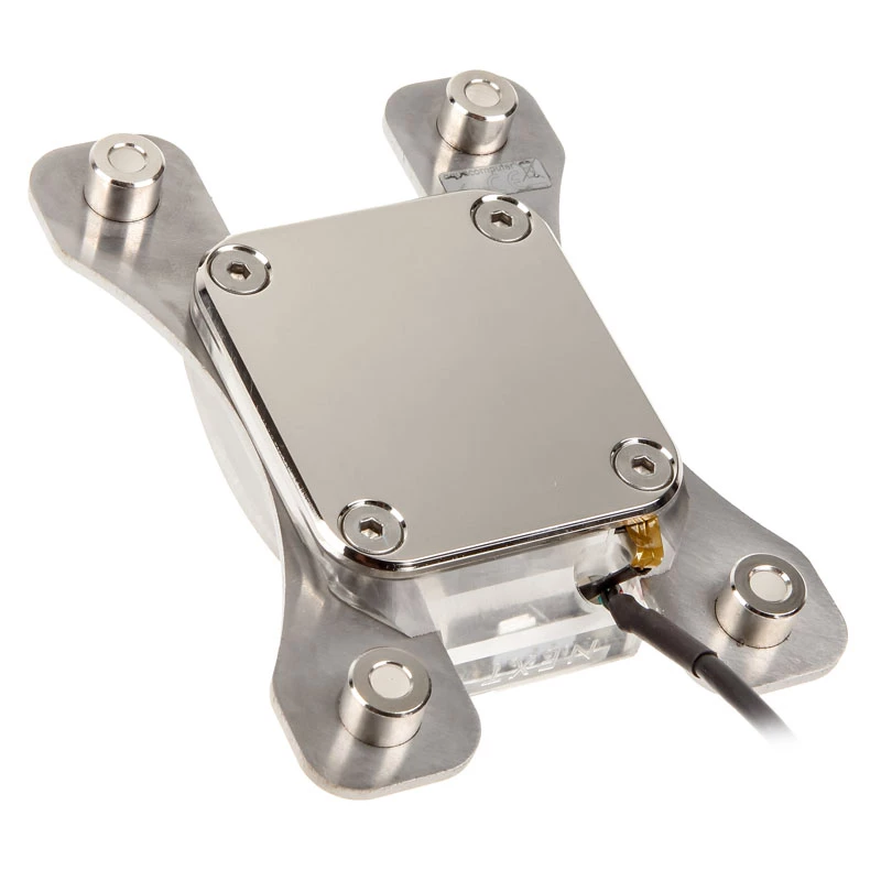 Waterblock Aqua-Computer 21716 — akryl/nikel, 111×75×22 mm, strieborná/biela