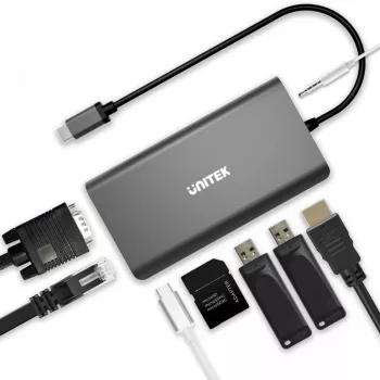 UNITEK uHUB O8+ káblový USB 3.2 Gen 1 Type-C hub, sivý, 100W Power Delivery