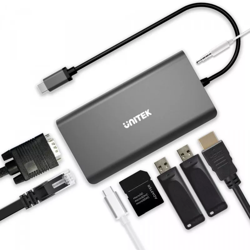 UNITEK uHUB O8+ káblový USB 3.2 Gen 1 Type-C hub, sivý, 100W Power Delivery