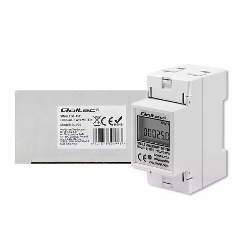 Jednofázový merač spotreby energie QOLTEC 50899 230 V 50 Hz, 5(60)A, trieda 1.0, LCD
