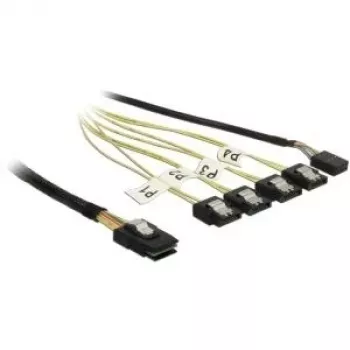 Interný Mini-SAS na 4×SATA kábel DELOCK 0,5 m — Mini SAS SFF-8087 na 4×SATA 7p, čierny/strieborný/žltý