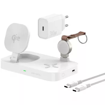 Nabíjačka pre mobilné zariadenia 4smarts 540994 Indoor DC USB bezdrôtové rýchle nabíjanie 12V vstup 5V výstup USB-C konektor ochrana proti prepätiu a skratu biela