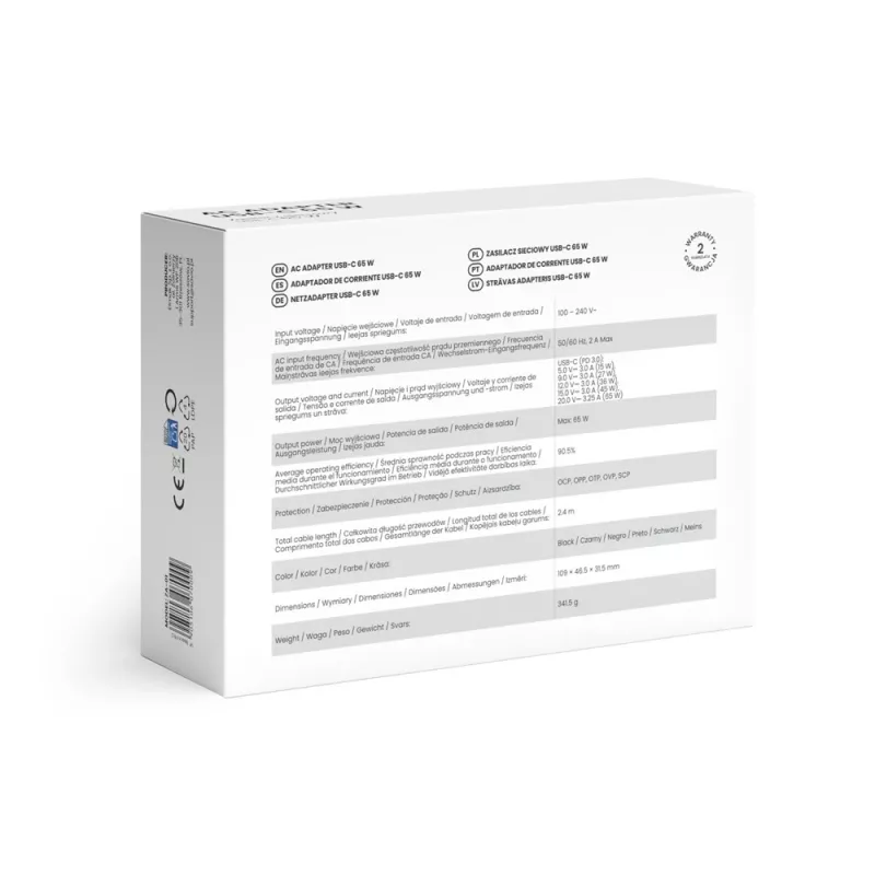 Interiérová AC nabíjačka SAVIO ZA-01, 65W USB-C PD 3.0, 100–240V vstup, jeden konektor, čierna