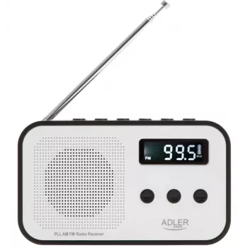 Prenosné digitálne rádio Adler AD 1907 — UKV/SV, digitálny tuner, budík, USB-C, 600 mAh batéria, LCD, 20 pamätí staníc, teleskopická anténa