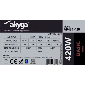 Akyga Basic AK-B1-420 ATX napájací zdroj 420 W, 120-mm ventilátor, pasívne PFC, sivý