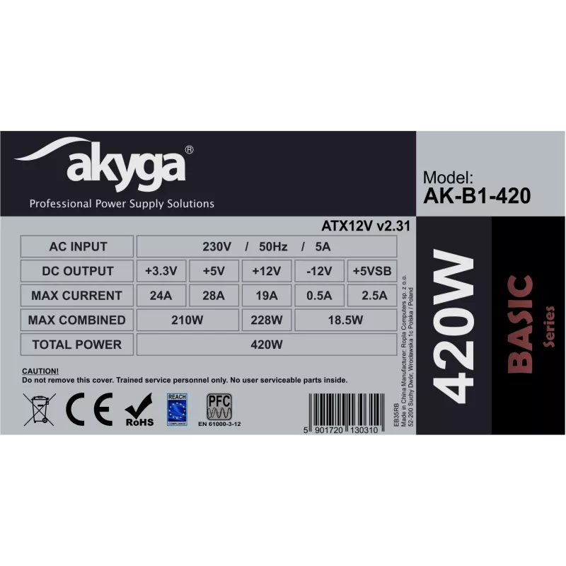 Akyga Basic AK-B1-420 ATX napájací zdroj 420 W, 120-mm ventilátor, pasívne PFC, sivý