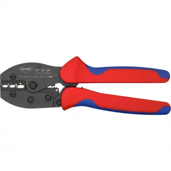 Krimpovacie kliešte Knipex PreciForce model 975236 SB — izolované rukoväte v čiernej, modrej a červenej