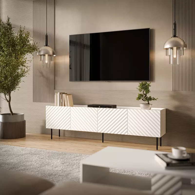 TV skrinka cama meble LUCCA 4D, 2000×400×590 mm, biela, doska z drevotriesky