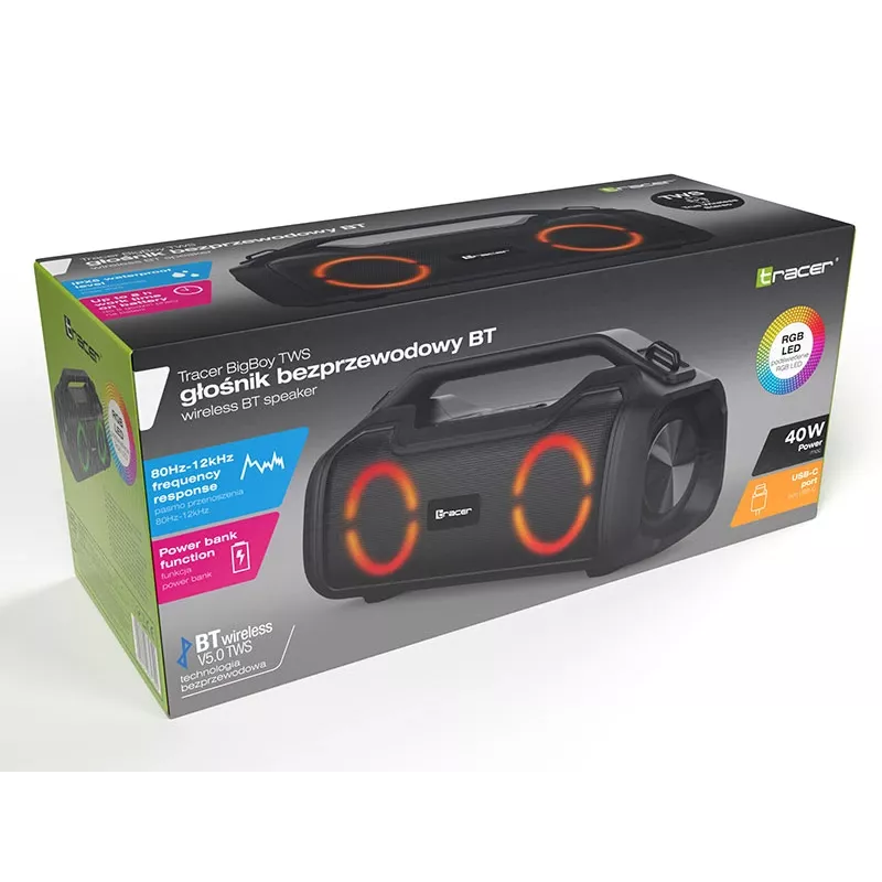 Stereo prenosný reproduktor TRACER BigBoy TWS Bluetooth 40 W RMS, Bluetooth 5.3, 12 h batéria, čierny