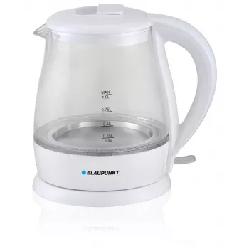 Elektrická kanvica BLAUPUNKT 1 L 1630 W biela — sklenené telo, 360° základňa, tlačidlové otváranie